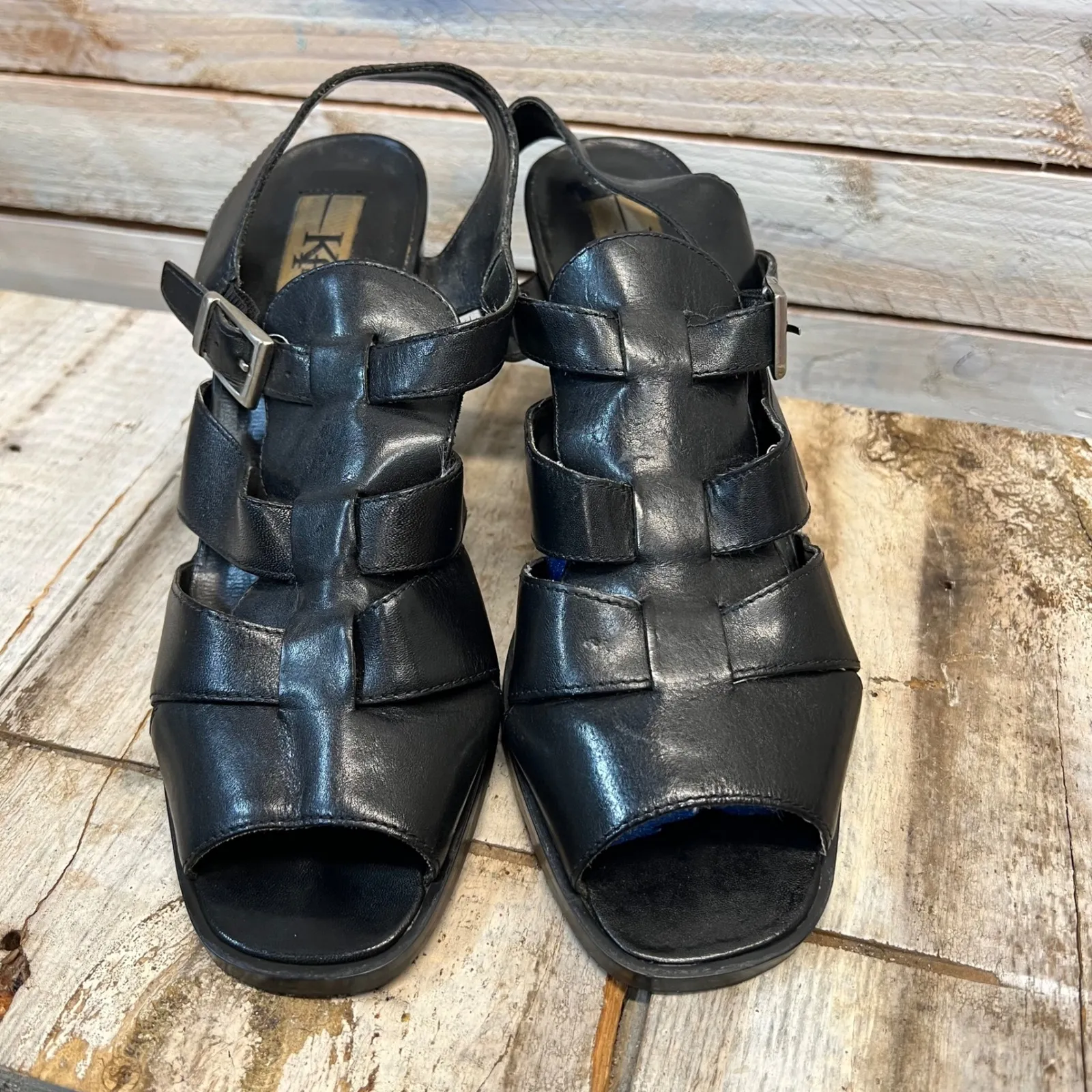 Vintage KS Black Leather Peep Toe Slingback Sandals Strappy Block Heel Sz 7.5 - Image 2