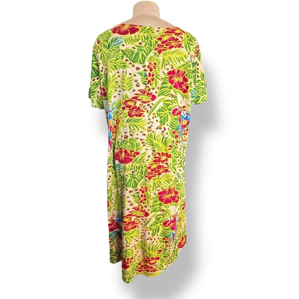 Vintage 90s Phases Tropical Parrot Floral Print Dress Beaded Detail Button Slit Green Size 2X - Image 3