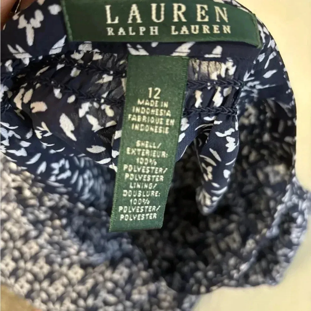 Lauren Ralph Lauren Sheer Print Smocked Waist Dress Navy White Size 12 - Image 6