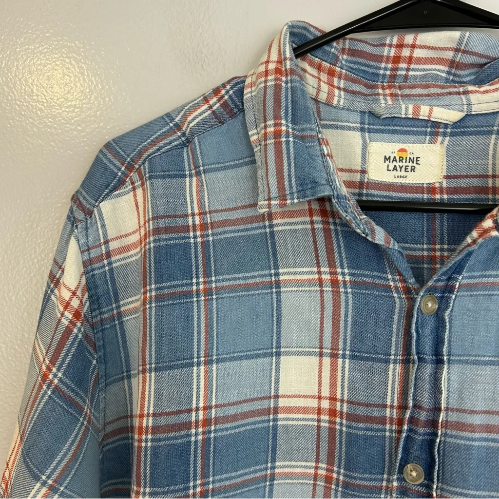 Marine Layer Margiold Blue Plaid Button Down Shirt Size Large - Image 5