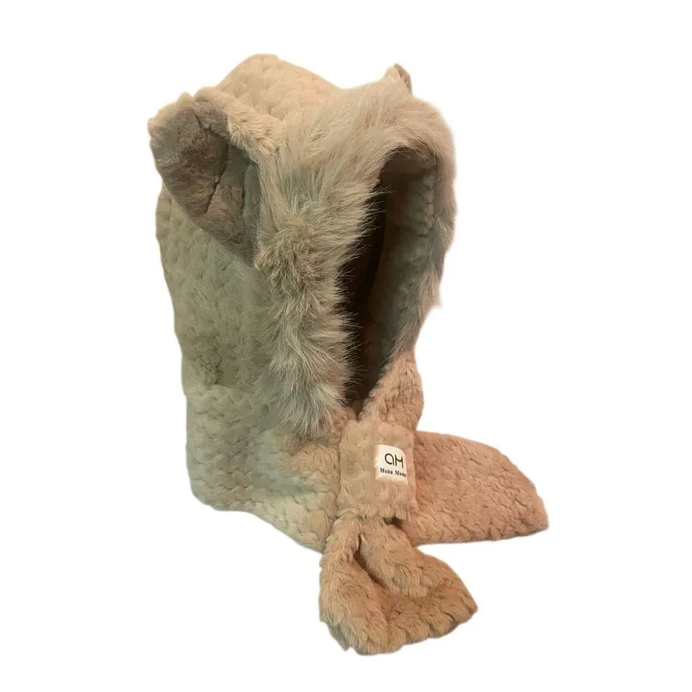 Tan Plush Hooded Scarf Hat With Animal Ears – Faux Fur Winter Wrap Tan - Image 6