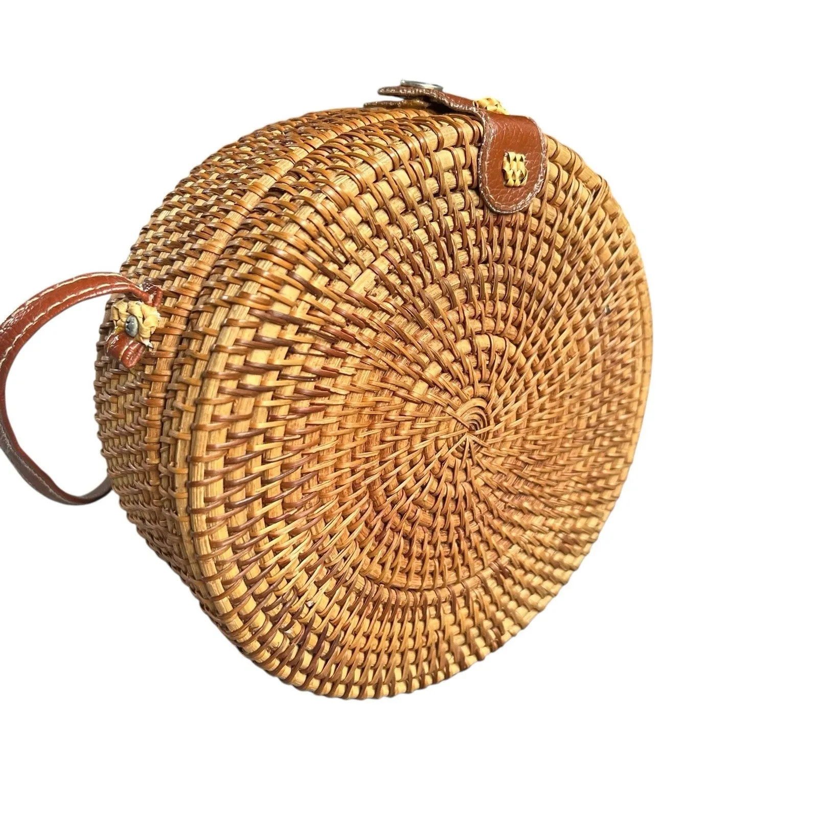 Round Rattan Straw Bag Wicker Purse Crossbody Faux Leather Strap Boho - Image 5