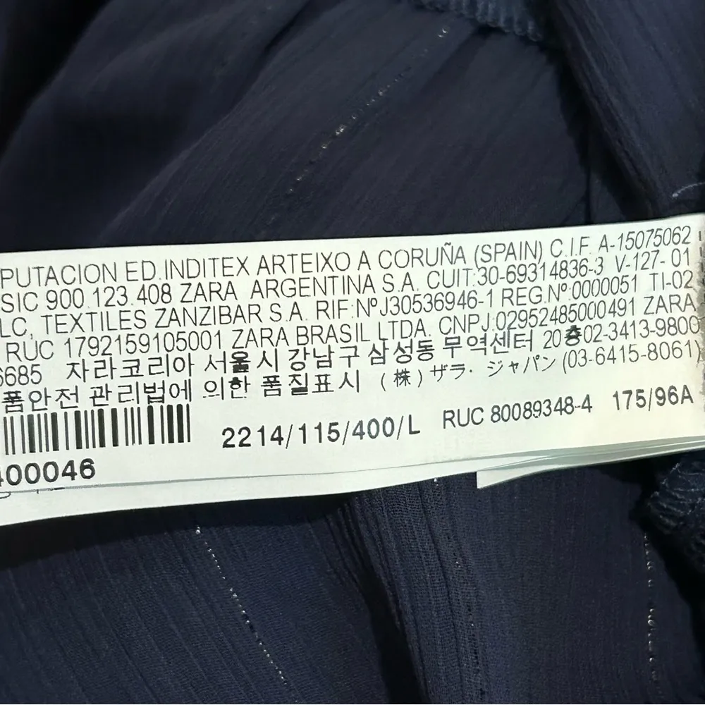 ZARA Keyhole Ruffle Hem Sheer Top Womens Size L Bell Sleeves Navy Metallic - Image 7