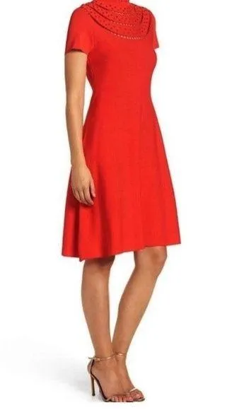 Eliza J Red Eyelet Knit Fit & Flare Short Sleeve Midi Dress Women’s Size Large - Image 6