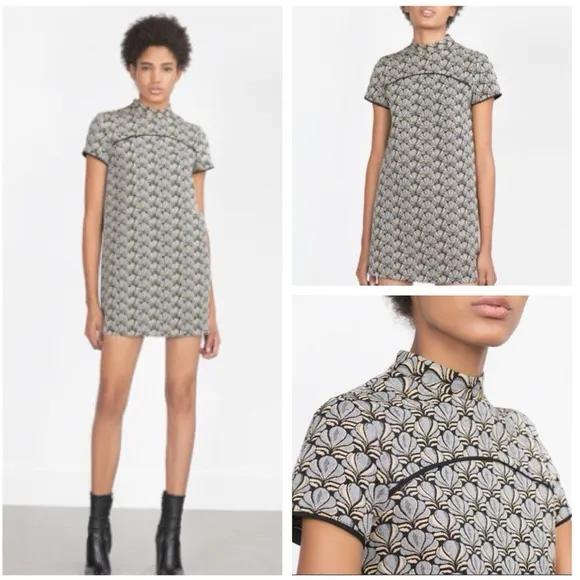 ZARA BASIC SIZE SMALL S BLUE HIGH NECK JACQUARD SHORT SLEEVE MINI CASUAL DRESS - Image 2