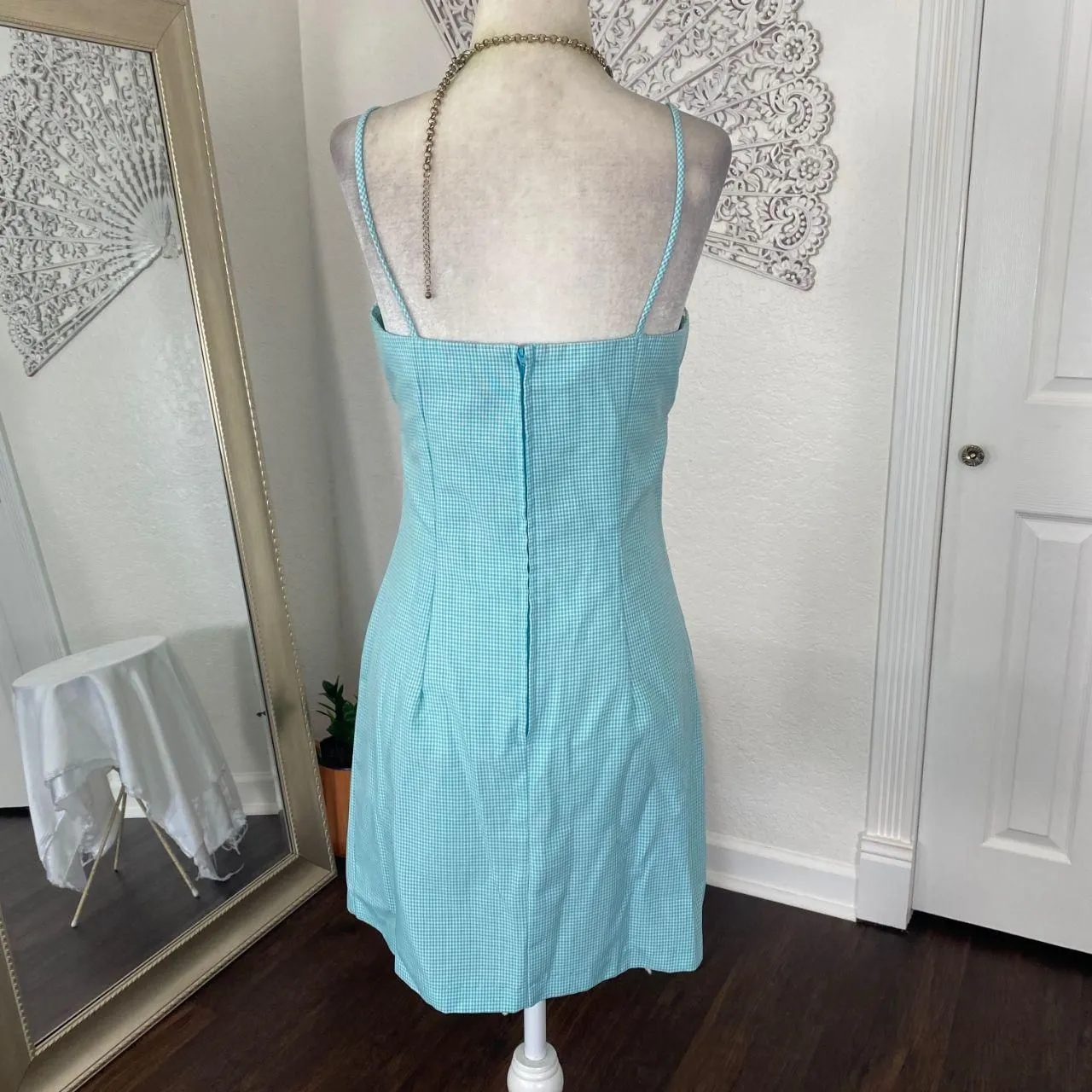 1970s Boho Cottage Light Blue Teal White Gingham Mini Cami Dress Size S - Image 2