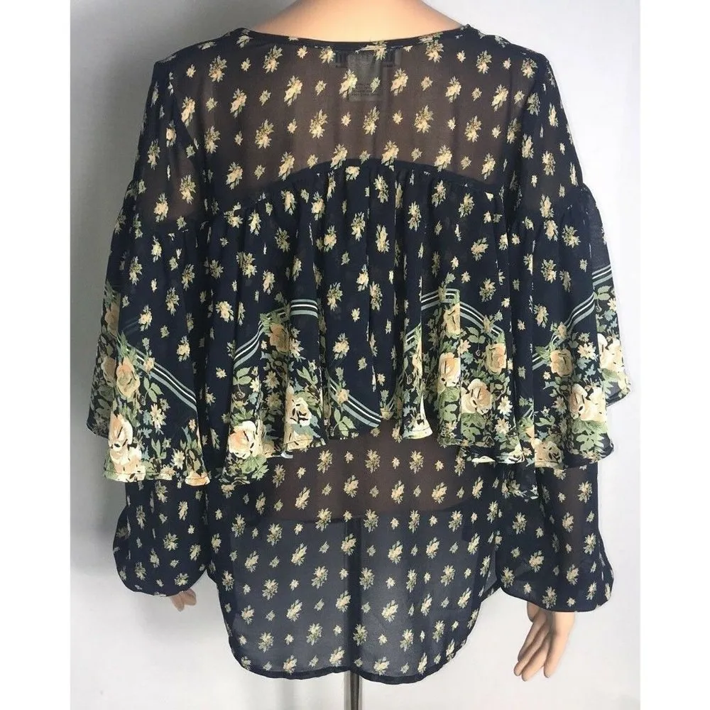 Flying Tomato Womens Blouse Top Blue Size Small Sheer Floral Short Sleeve Shirt - Image 5