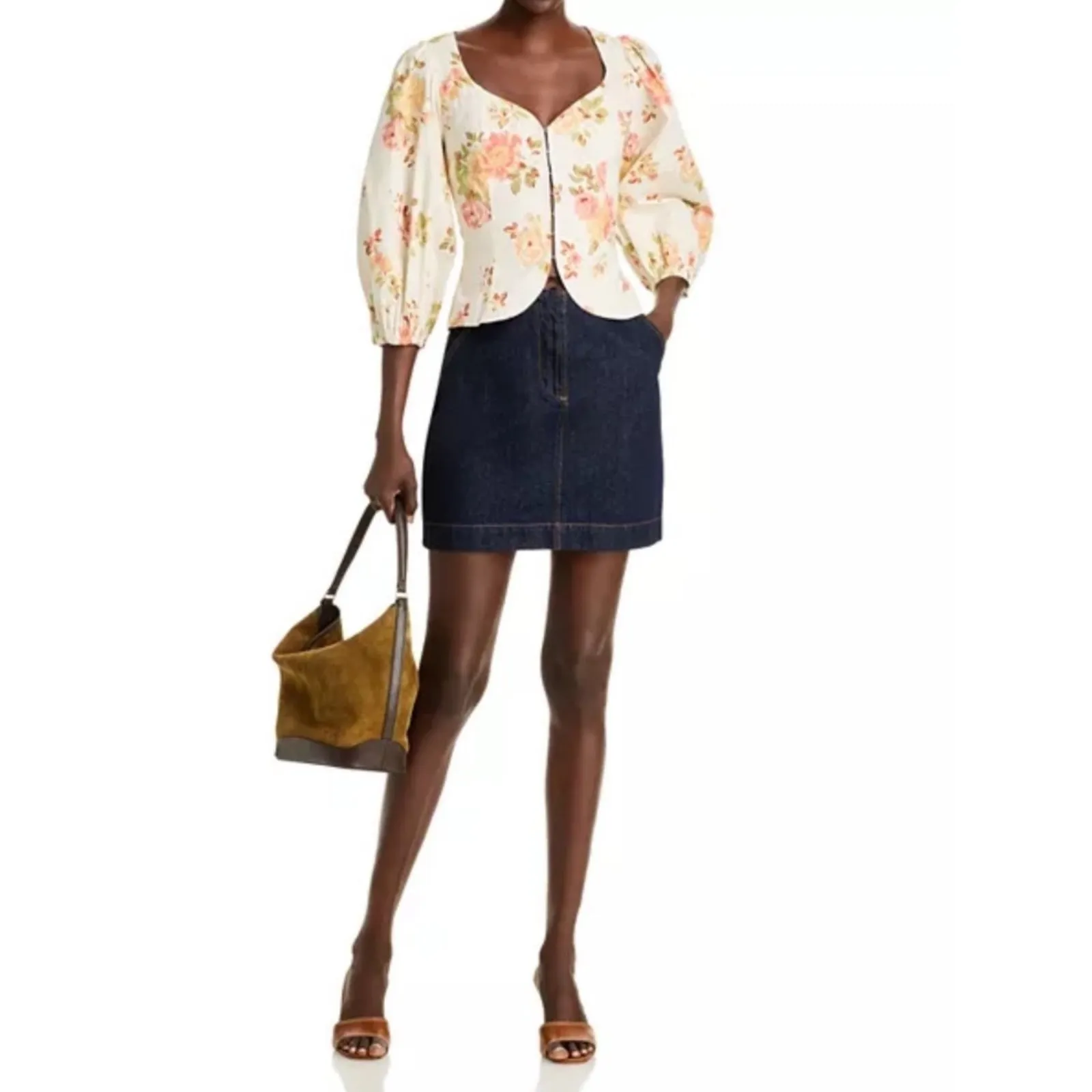 AQUA Floral Print Puff Sleeve Sweetheart Neckline Blouse‎ Top Medium - Image 3