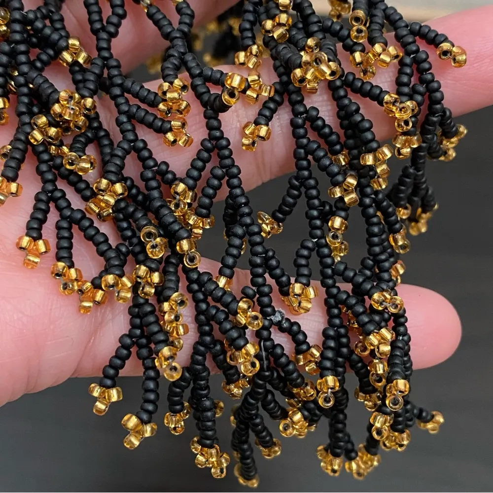 Vintage Black & Gold Seed Bead Fringe Tassel Crochet Statement Necklace - Image 12