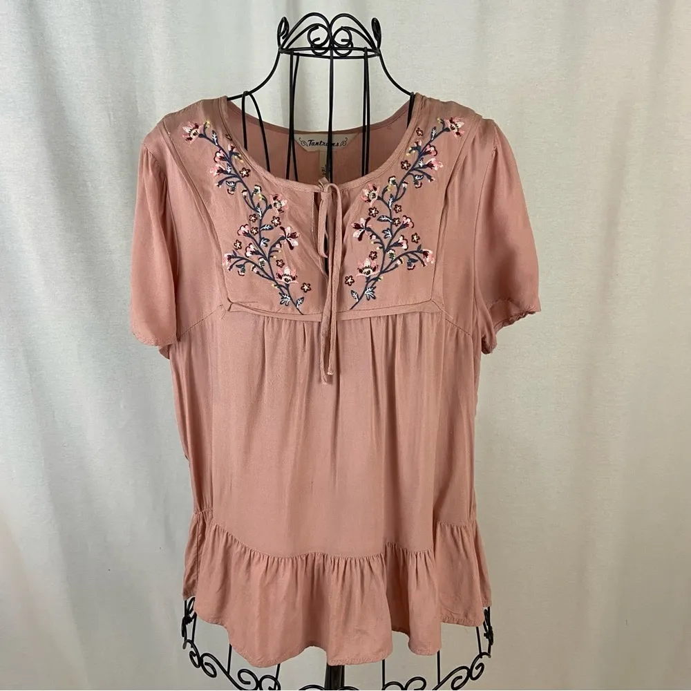 Tantrums Blush Mauve Western Embroidered Flowers Ruffle Top Women’s Size Medium - Image 100