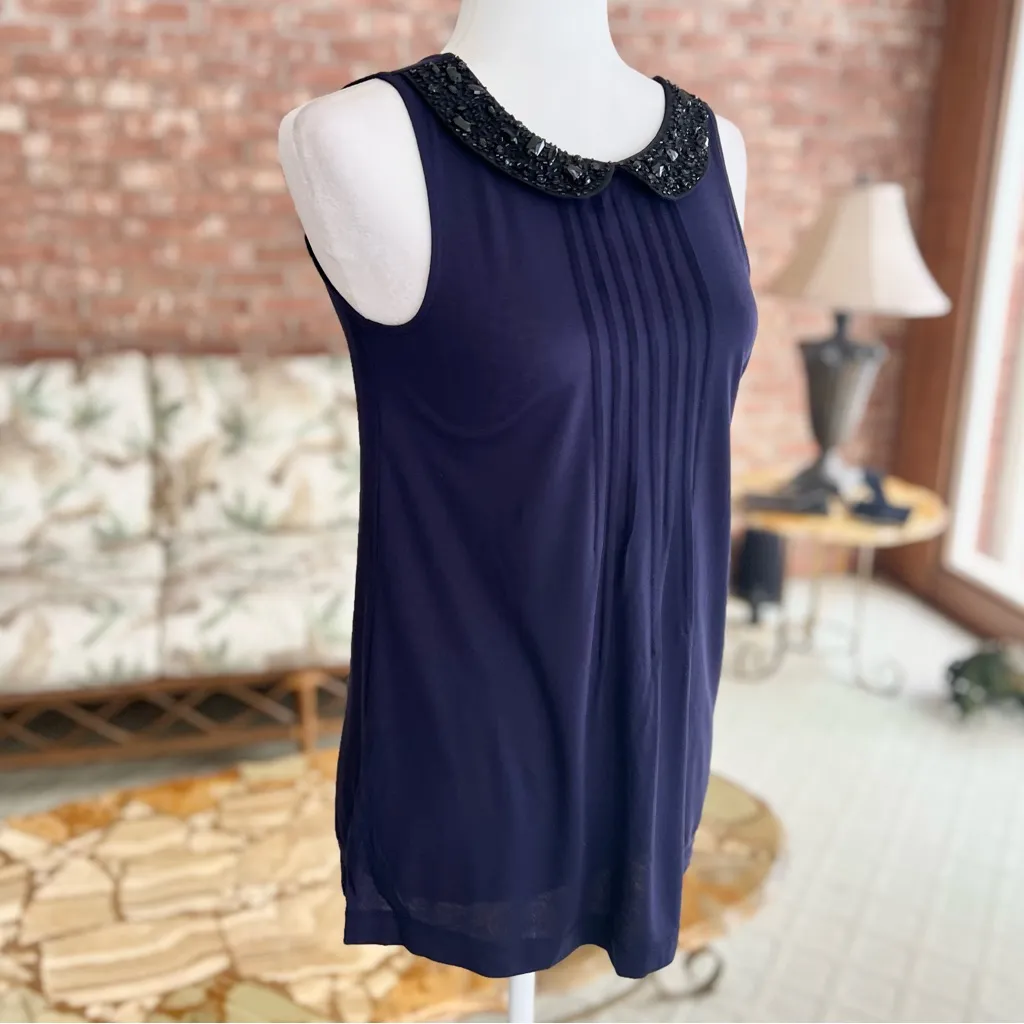 Loft Tank Top Beaded Peter Pan Collar Pin-tuck Knit XS Blue Sleeveless Preppy - Image 8