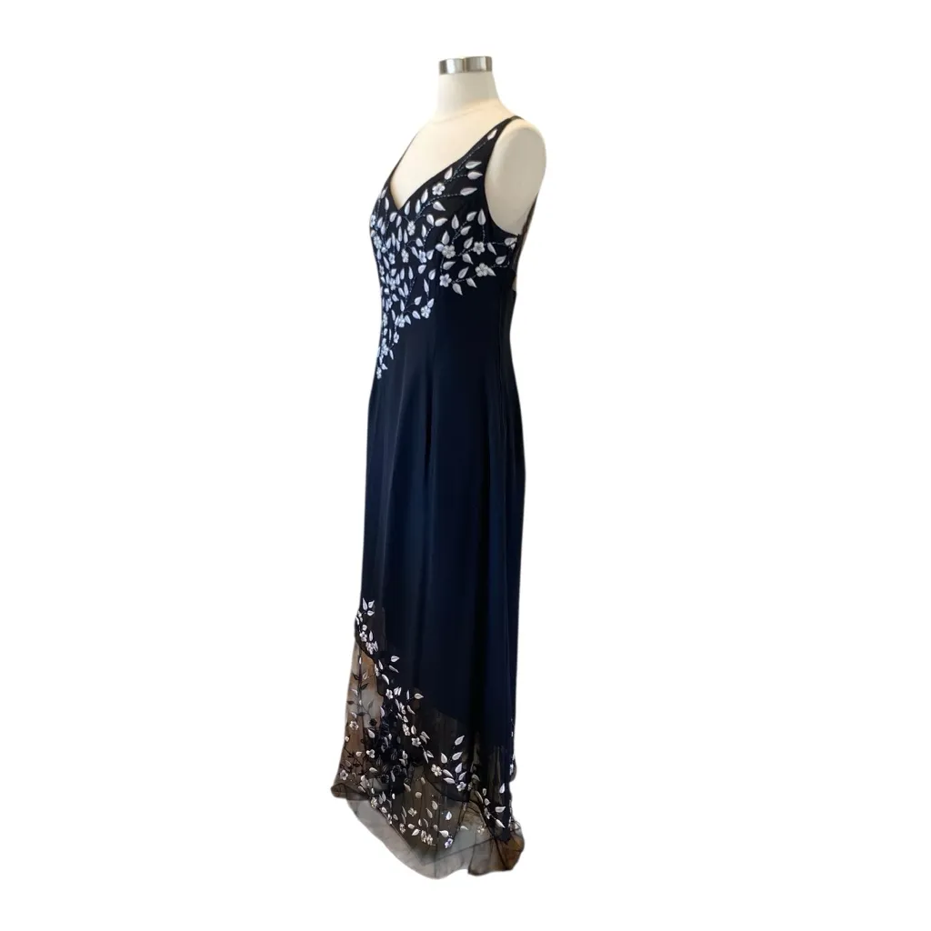 Vintage Black Embroidered Floral Beaded Mesh Evening Gown w/ Scarf | 90’s Y2K Size L - Image 6