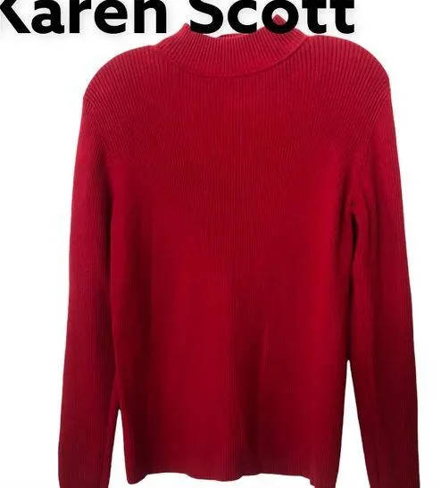 Karen Scott Ribbed Mockneck Pullover Cotton Sweater Red M - Image 2