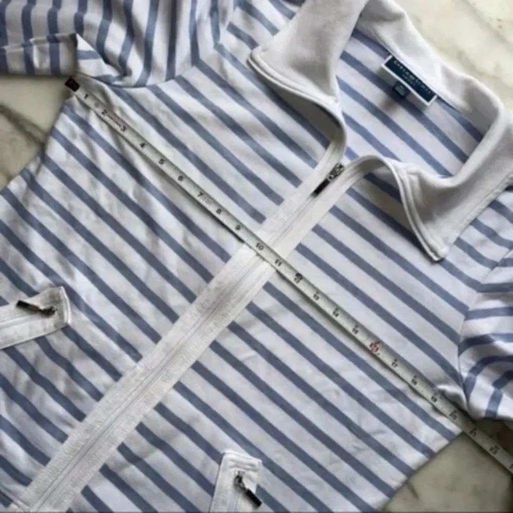 Karen Scott 3/4 Sleeve Light Blue Striped Full Zip Jacket - Image 7