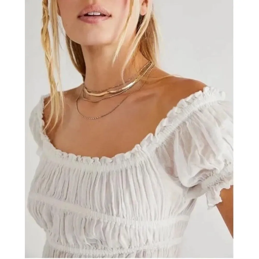 Free People One Cheri Crop Top Womens XS White Smocked Ruffled Boho - Image 7