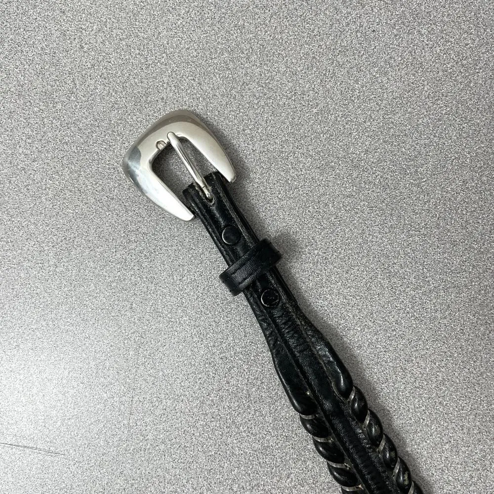 Nocona Womens Black Leather Belt 28 Silvertone Buckle 1.25in Rope Metallic USA - Image 2