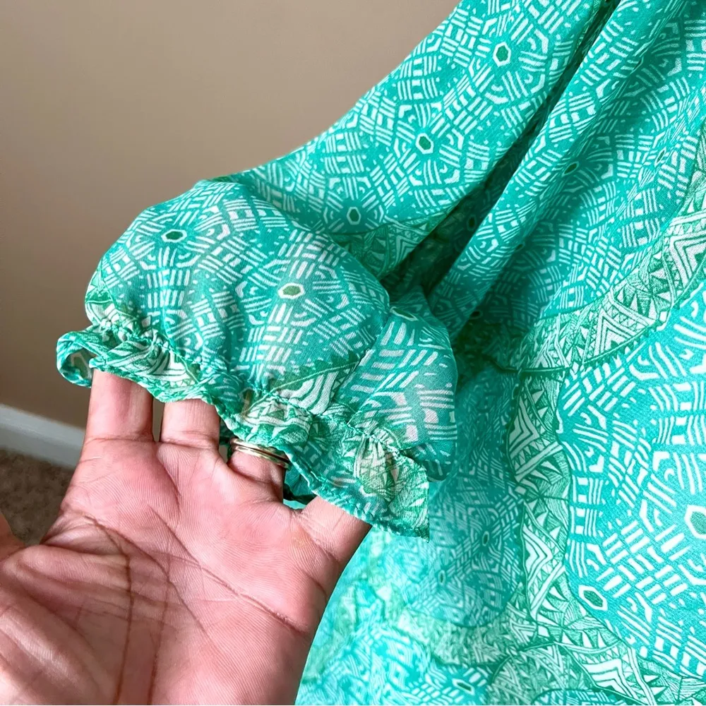 FOREVER 21 | Green Printed Sheer Accordion Pleated Tunic Dress Sz M - Image 4