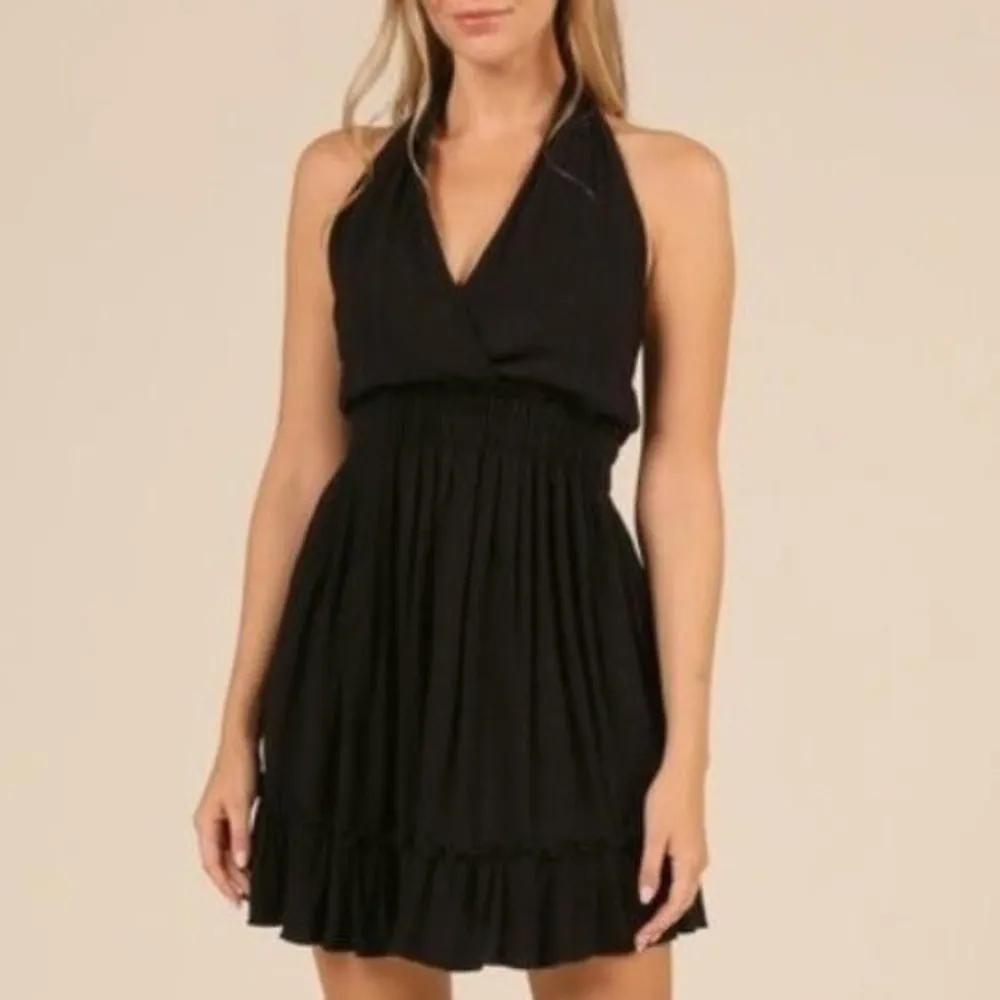 Ocean Drive  Halter Open Back Dress Black Ruffled Hem Boho Bohemian Mini Medium - Image 3