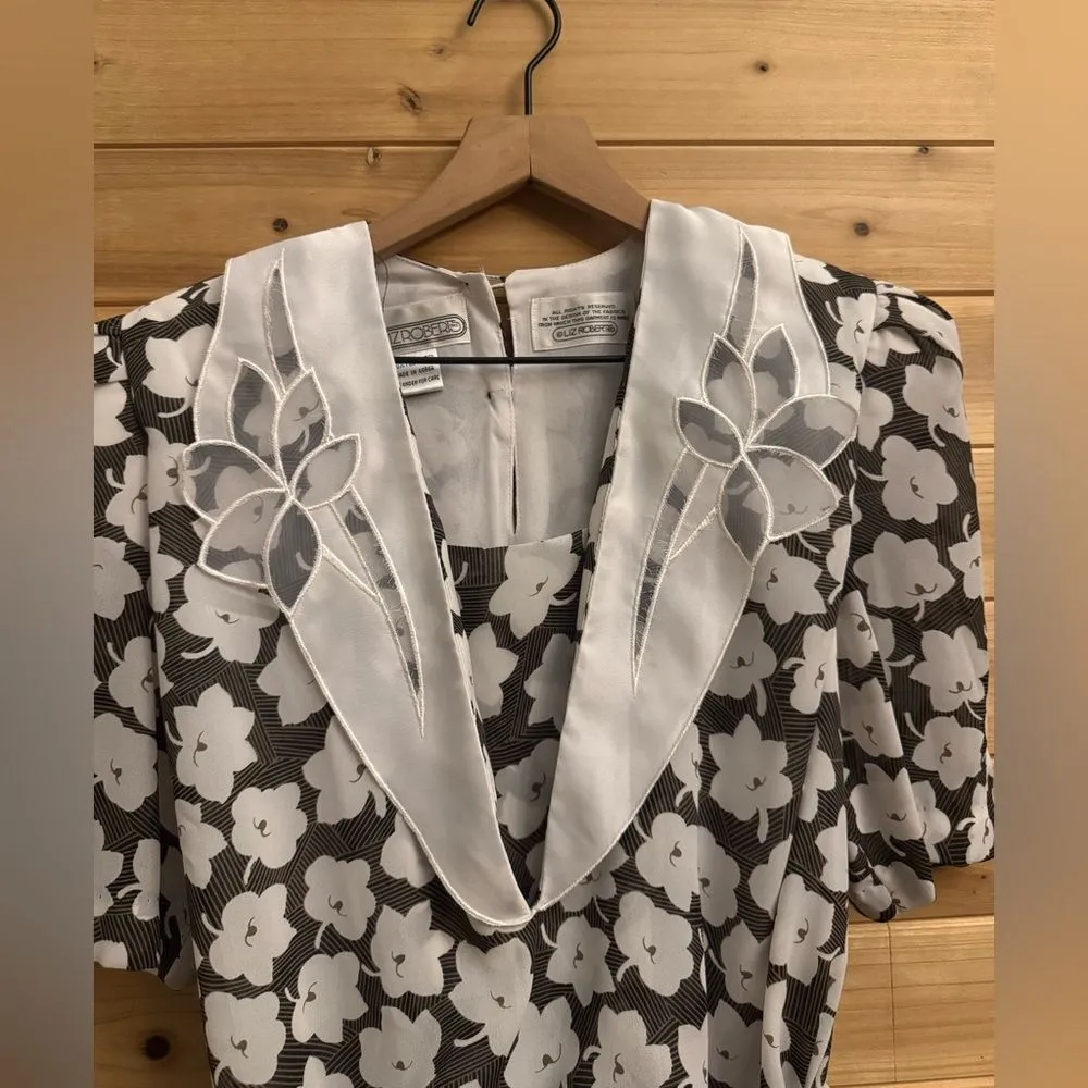 Vintage Liz Robert’s Sz Medium Floral Print Secretary School Teacher Midi Dress Black - Image 6