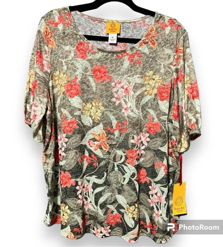 Ruby Rd. Size 1X must haves II embellished floral top thin lightweight tropical Green - Image 11