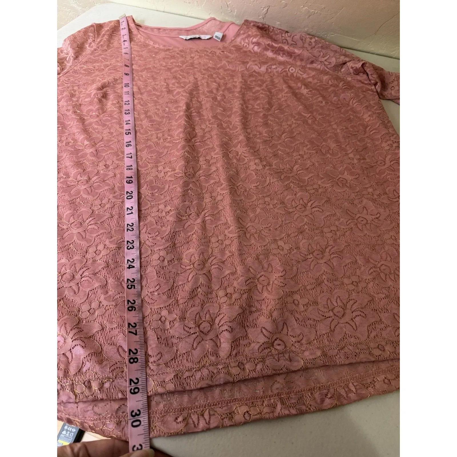 Isaac Mizrahi Live Top XL Pink Floral Lace Built In Tank Sheer Bell Sleeves - Image 6