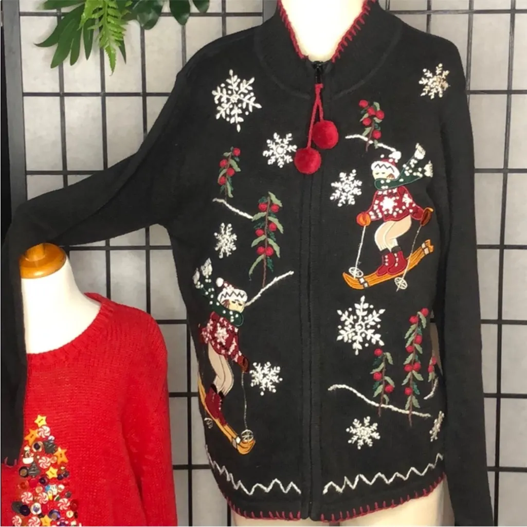 Vintage Victoria Jones Black Skiing Snowman Ugly Christmas Zip Cardigan Sweater M Size M - Image 2
