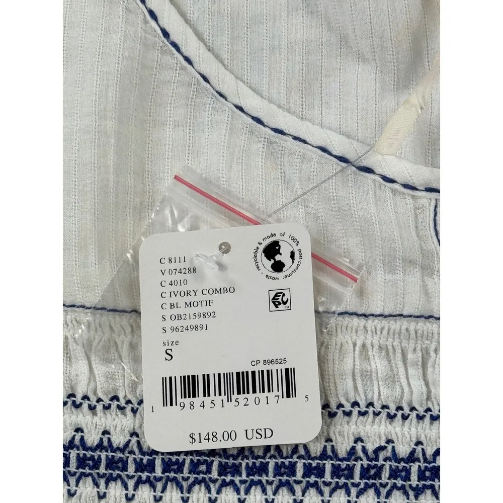 Free People White Embroidered Tunic Top 3/4 Sleeve Bohemian Smocked Cotton S - Image 10