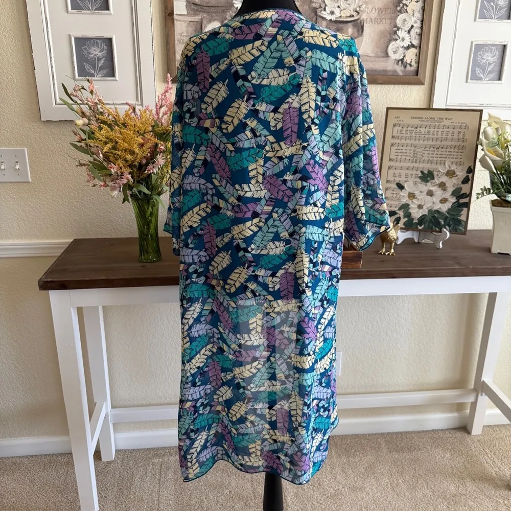 Kimono Sheer Leaf Print Shirley Multicolor Boho Lightweight Drape Layered Cover - Image 2