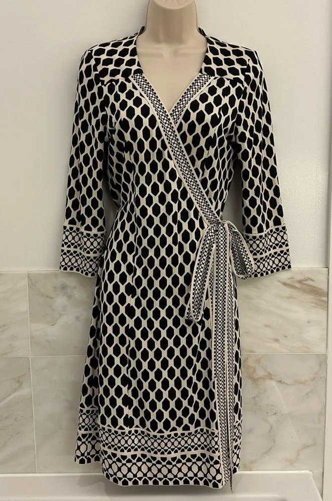 Tallulah Silk Wrap Black & White Geometric Dress - Image 2