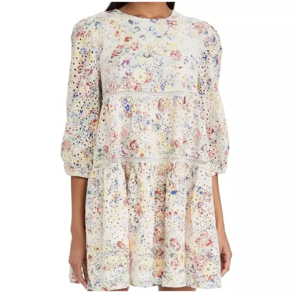 En Saison Eyelet Babydoll Mini Dress Size Small Floral Tiered Lined Puff Sleeve Pink - Image 3