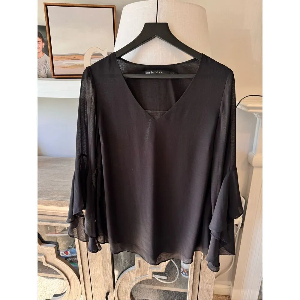Iris Setlakwe Black Sheer Blouse 3/4 Flutter Sleeve Size 8 - Image 2