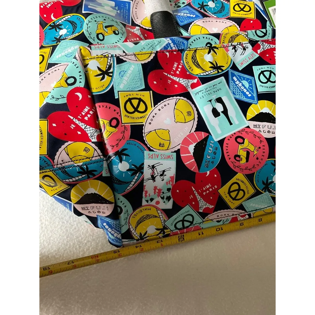 RARE NWT KATE SPADE WEEKENDER RICH NAVY MULTI colorful TRAVEL bag STAMPS - Image 4