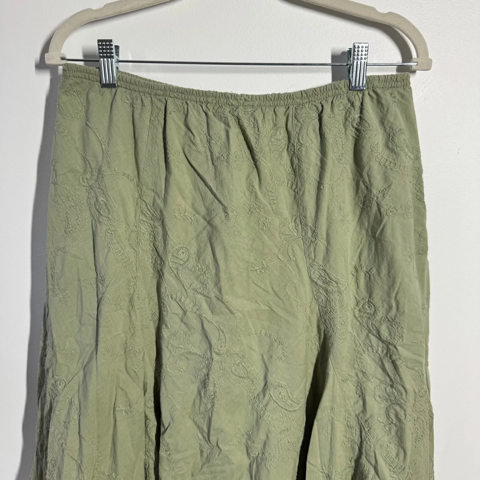 JKLA Bohemian Midi Skirt Women XL Sage Green Floral Embroidery 90s Y2K Cottage - Image 7