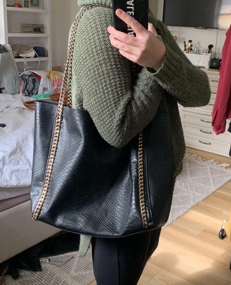 Black Croc Print Vegan Leather Tote Bag With Gold Metal Chain Strap - Image 9