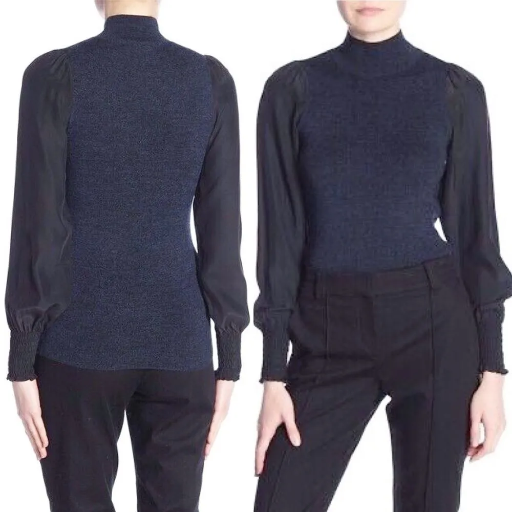 NWT Rebecca Taylor Size Small Merino Wool Mockneck Pullover Navy Blue & Black - Image 11