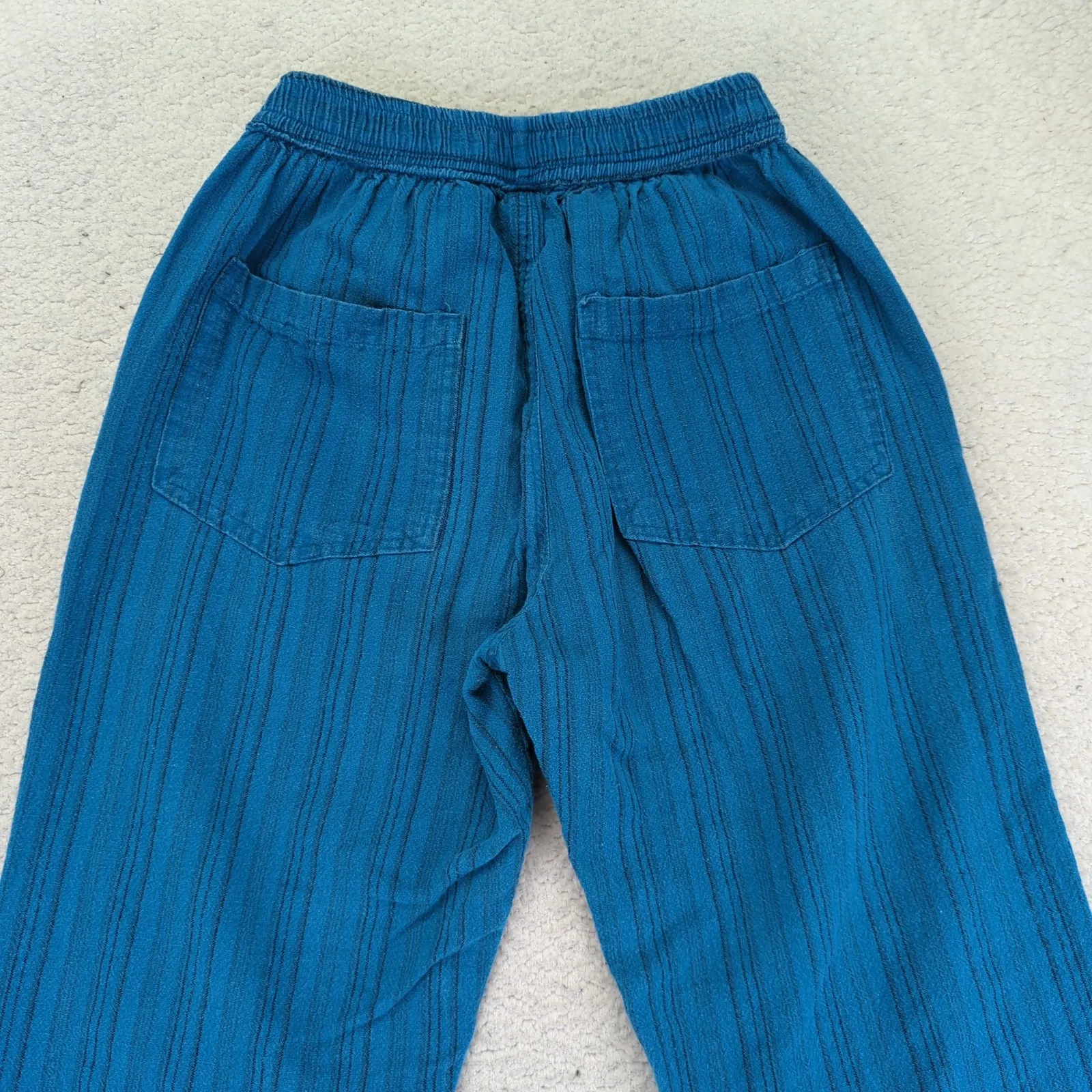 Soul Flower Teal Striped Pants Waist Pull On Cotton Low Impact Dye Small Casual Blue - Image 5