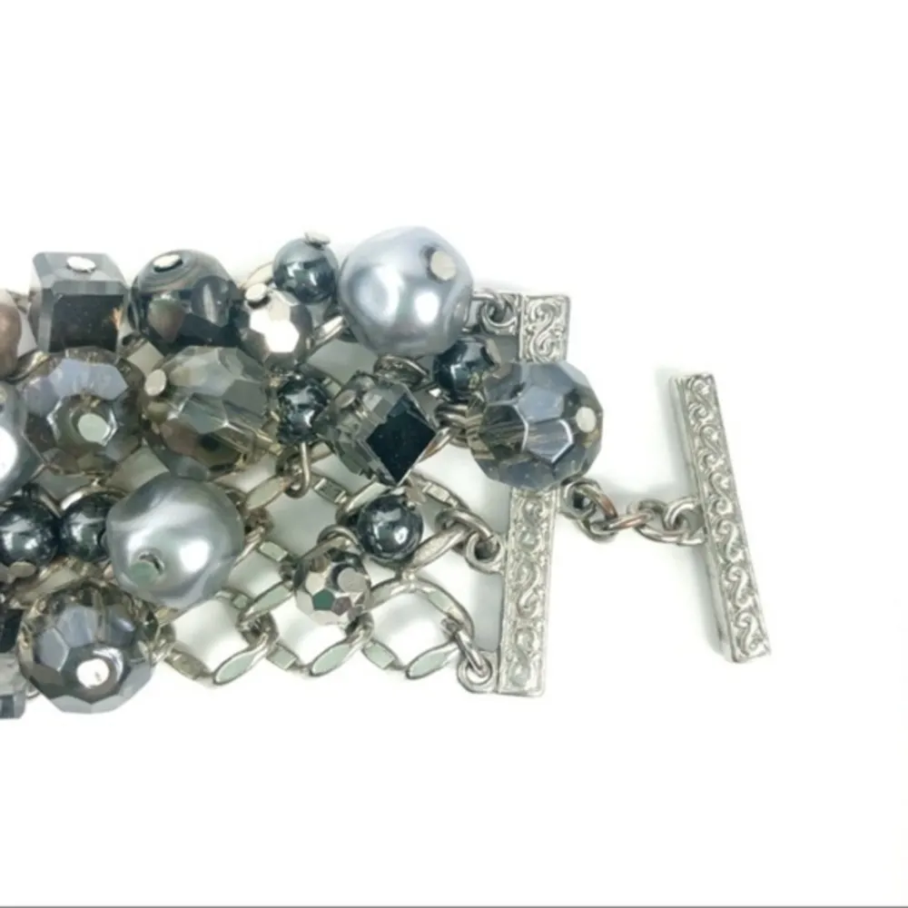 Premier Designs Silver Beaded Bracelet Gray Crystal Multi Strand Toggle Clasp - Image 8