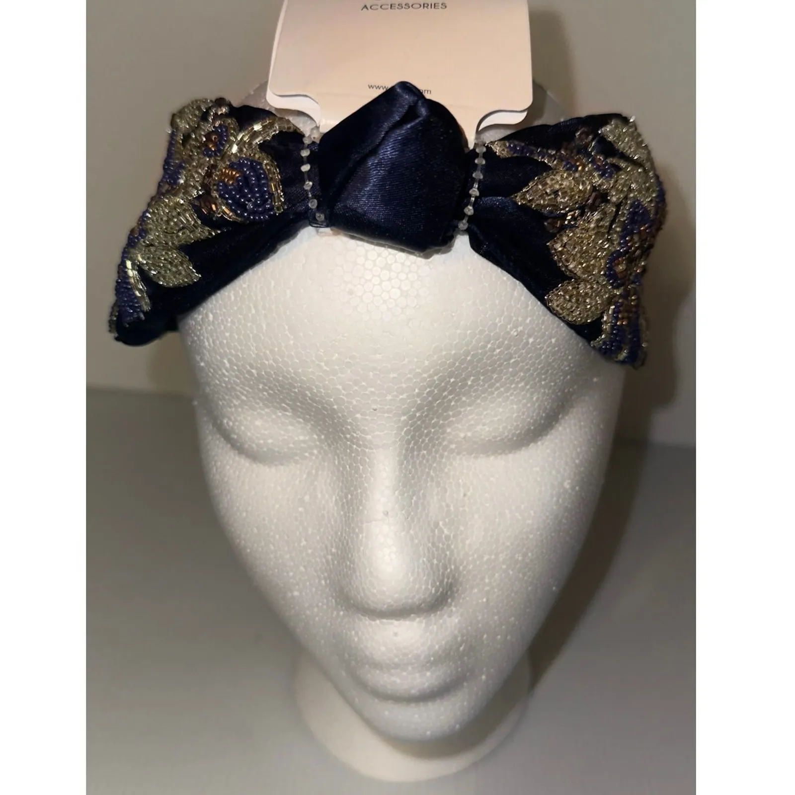 Embellished Beaded Floral Knot Headband Navy Blue Gold Women Hair Accessory NWT - Image 4
