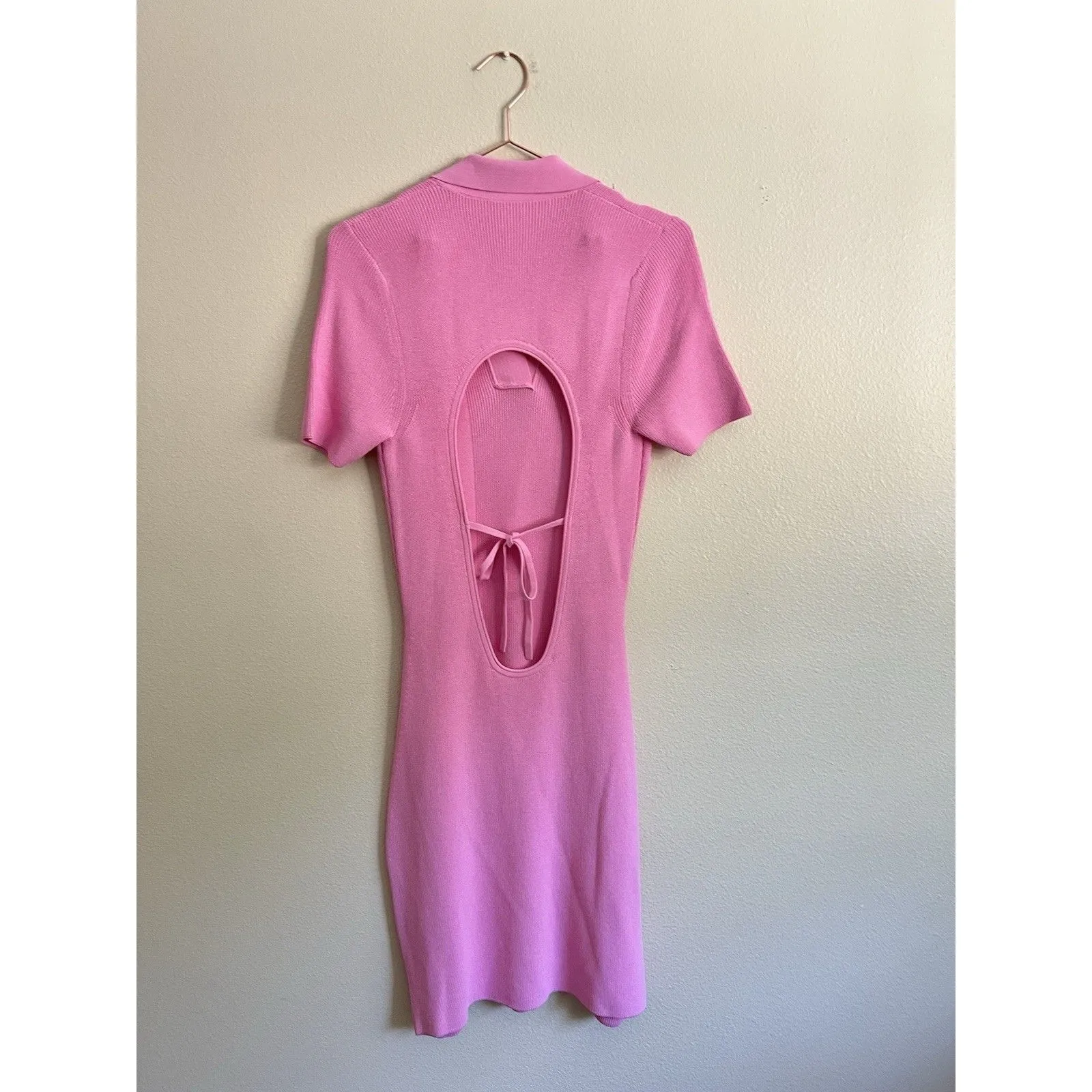 Jacquemus Ribbed Knit Mini Dress Size EU40 US 8 Pink Open Back Collared SS - Image 7