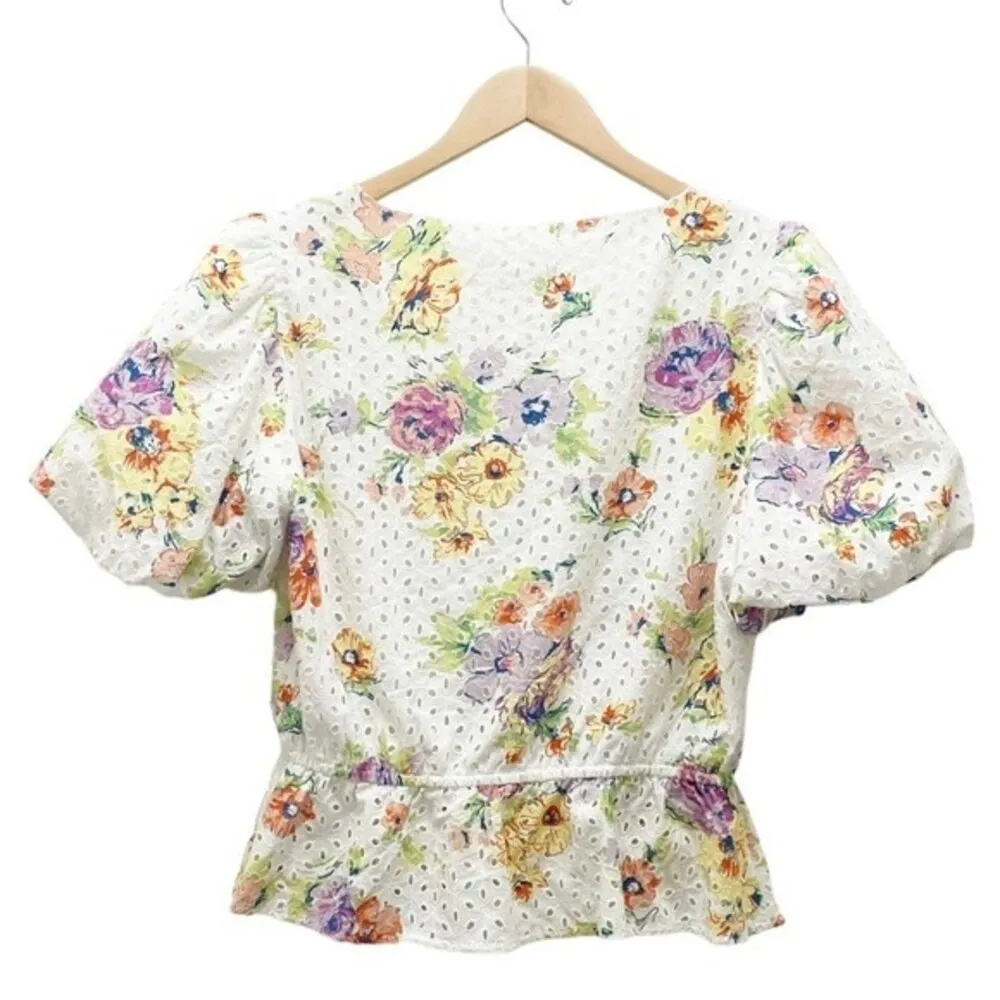 Wayf Top Floral Eyelet Wrap Front Puff Sleeve Cream Blouse Women’s Size Medium - Image 3