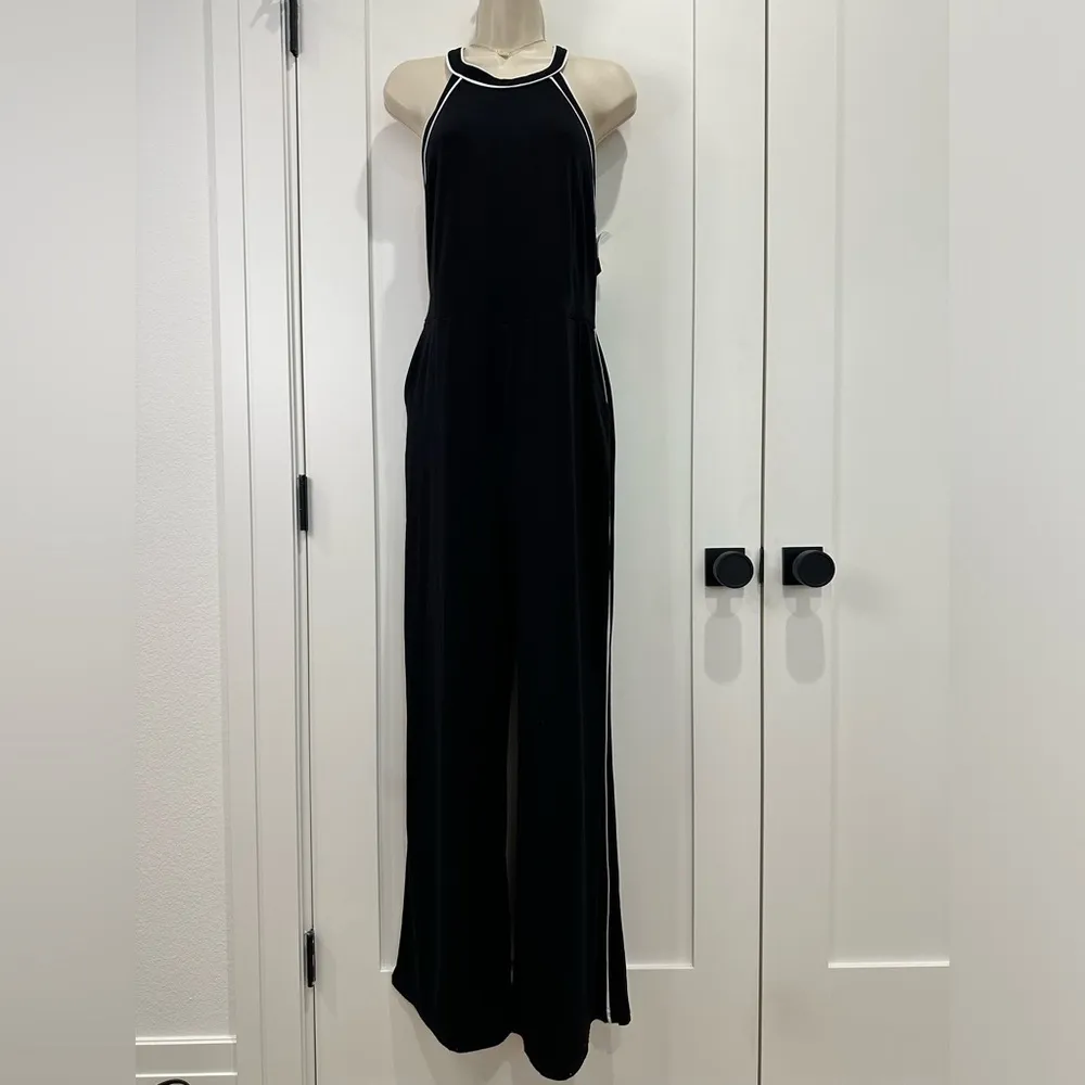 NWT INC Contrast Piping Halter Jumpsuit Large Black White Stripe Wide Leg Party - Image 4