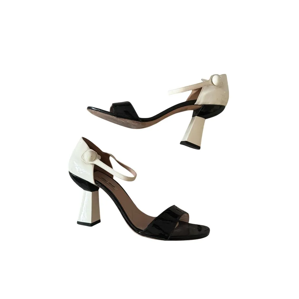 MIU MIU Mod Colorblock Black Ivor Patent Leather Sandals Heels Size 39 / US 9 - Image 14