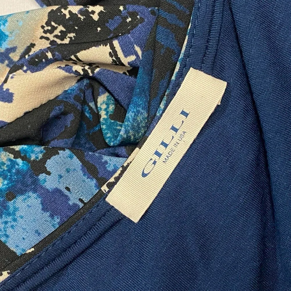 Gilli Faux Wrap Dress Stretch Jersey Knit Blue Black Abstract Print size M Size M - Image 11