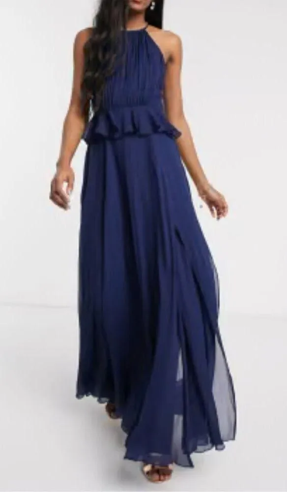 ASOS Navy Chiffon Ruffle Waist Halter Sleeveless Lined Maxi Dress Size 10 - Image 2