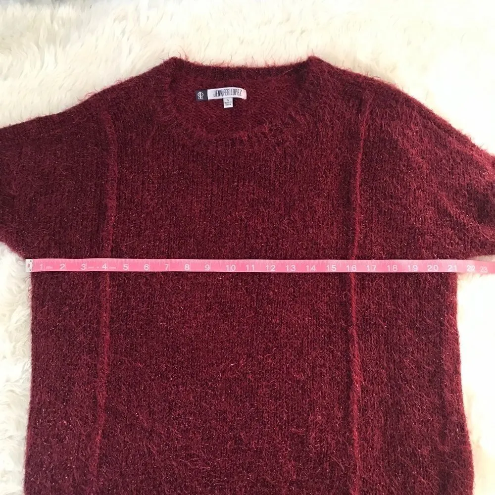 JENNIFER LOPEZ Red Fuzzy Sparkle Sweater‎ Pullover Shaggy Holiday Burgundy Small - Image 9