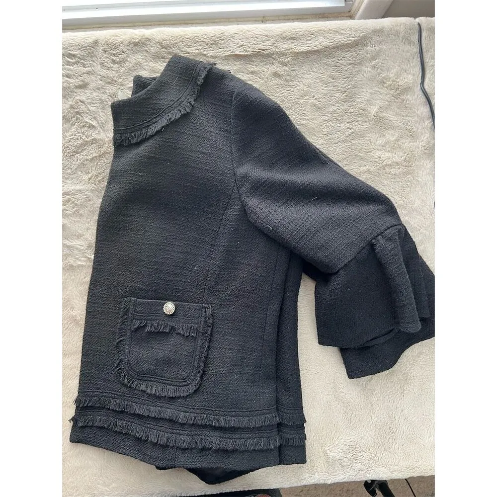 Karl Lagerfeld Women's Black Tweed Jacket Size 12 Fringe Detail - Image 10