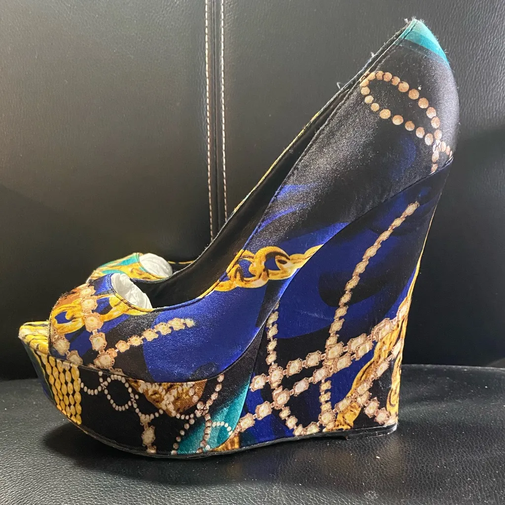 Aldo Satin Printed Fabric Jewel Tone Colorful Peep-Toe Platform Wedges Size 38 - Image 6