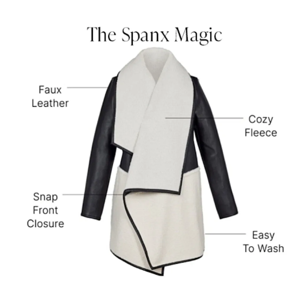 Spanx Fleece Faux Leather Long Wrap Jacket Very Black Snow Moto Sherpa Edgy Coat - Image 6