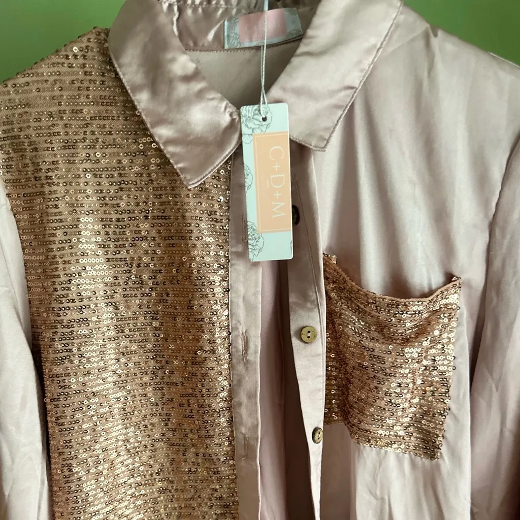 Women's Sequin Rose Gold Blouse Pink Size M - Image 3