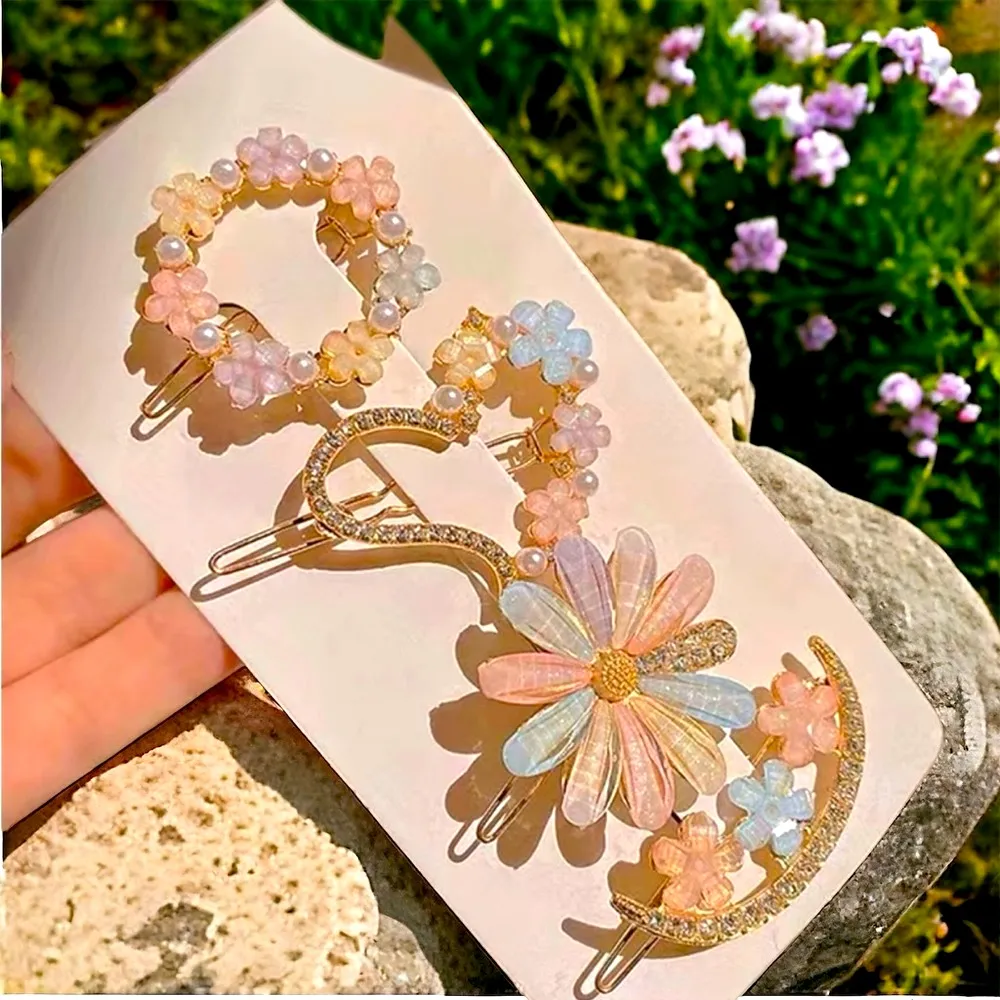 4pcs Flower Rhinestone Hairpins Elegant‎ Chic Hair Clips Zinc Alloy Gold Tone - Image 2